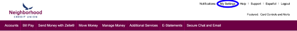 image of online banking top right nav links with My Settings circled