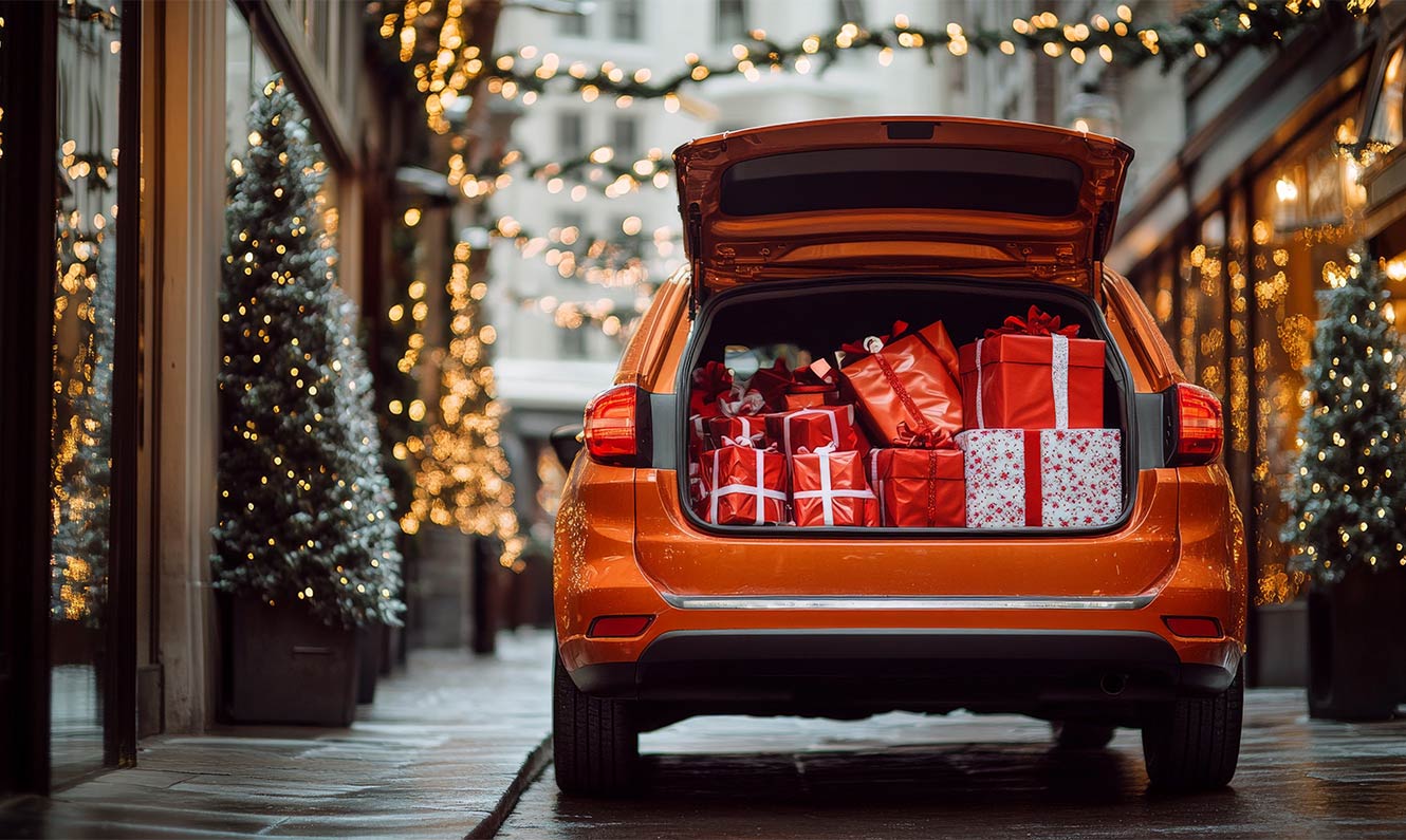 An orange vehicle with its trunk open full of gifts, the background is festive with holiday wreaths, and lights. 