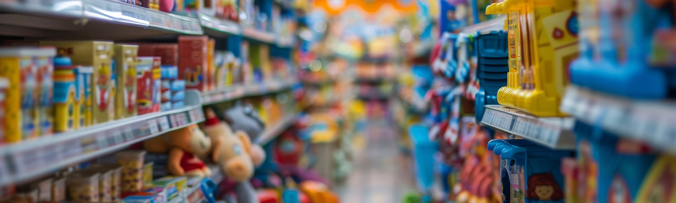 Blurred Toys on Shelves in a Toy Store.