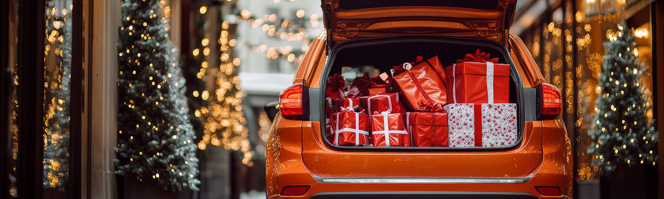 An orange vehicle with its trunk open full of gifts, the background is festive with holiday wreaths, and lights. 